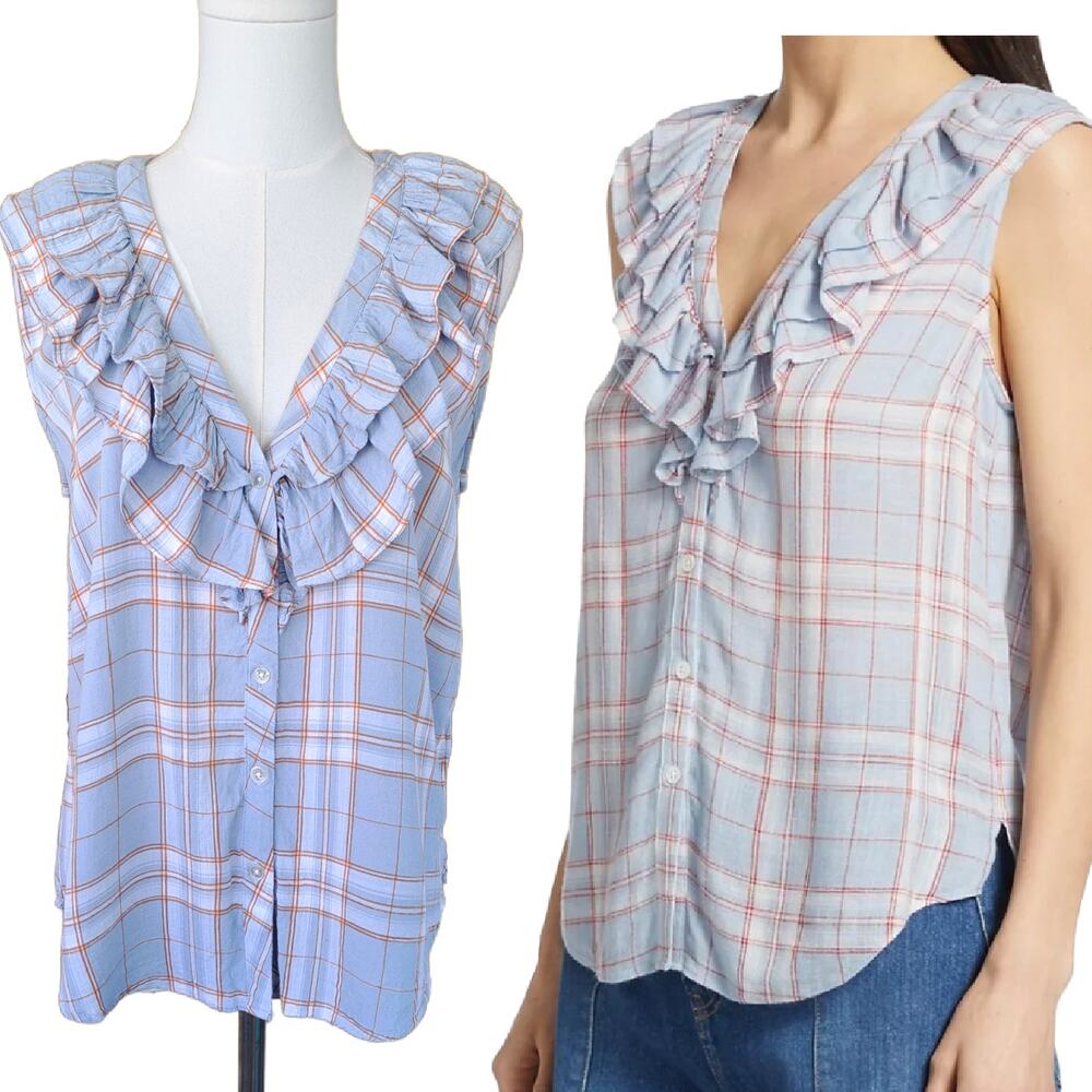VERONICA BEARD Leina Ruffle Neck Sleeveless Shirt Vapor Multi Blue Plaid Medium